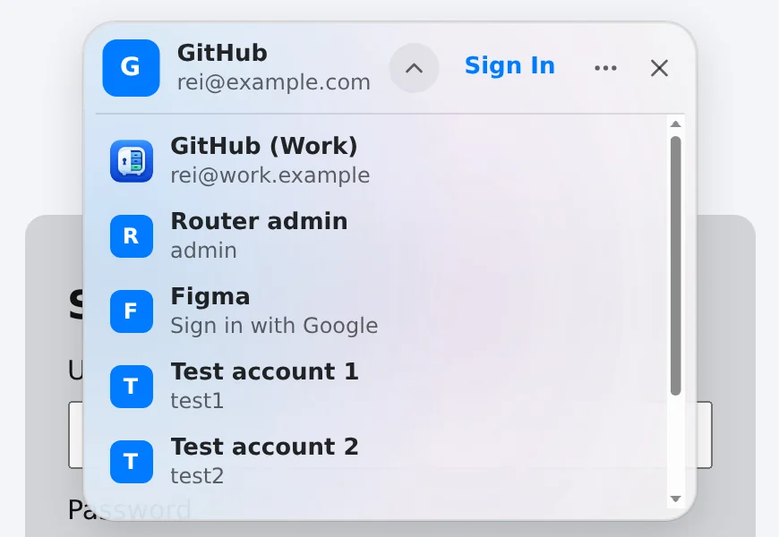 The one-click sign-in bar at the top of a sign-in page, with its account list open