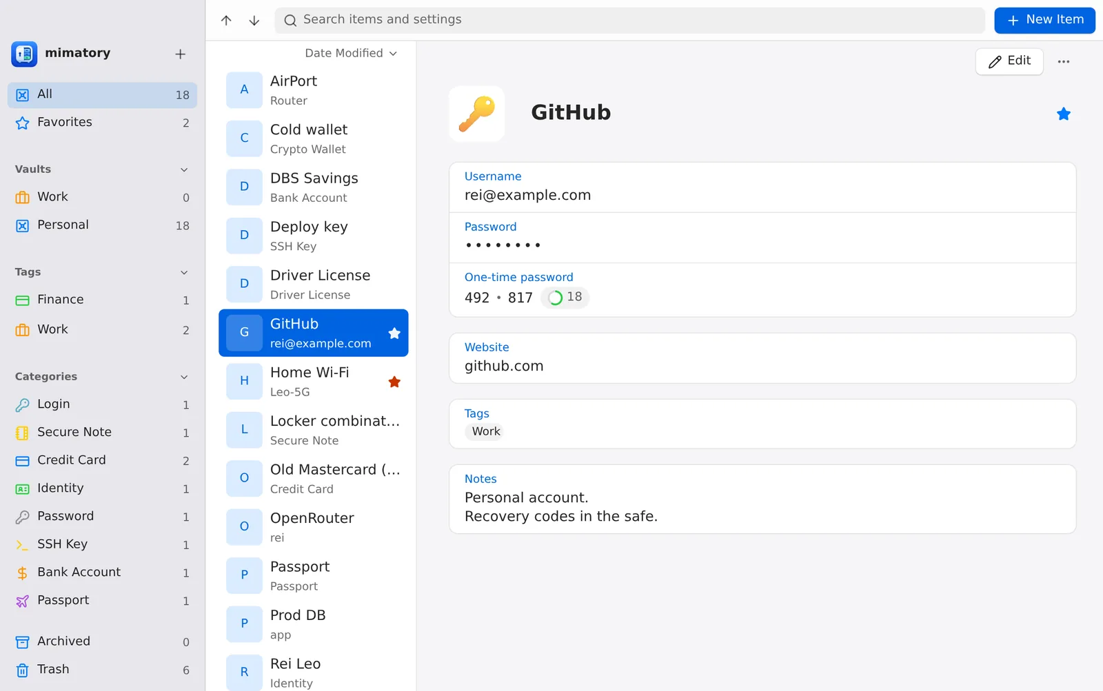 The Mimatory main window with a GitHub login open