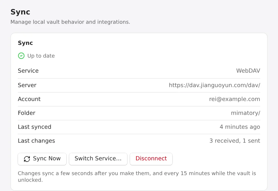 The Sync pane in Settings, connected to a WebDAV server